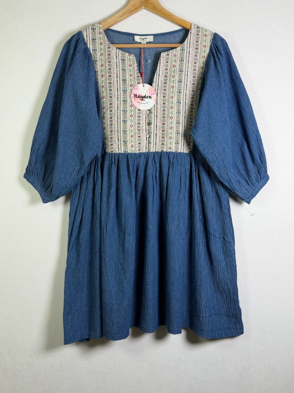 Hayden LA Women’s Blue Prairie Dress Boho Peasant Puff Sleeve Babydoll Sz S - Picture 2 of 10